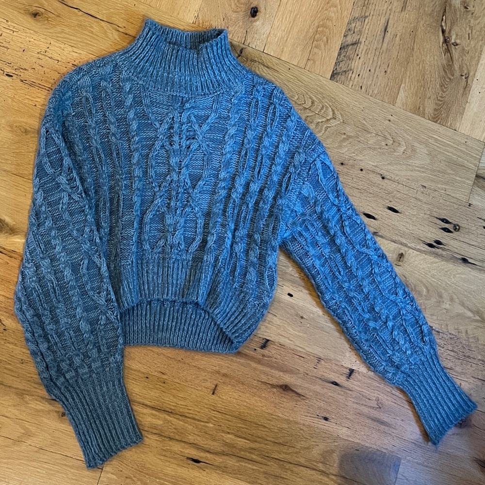 Arizona Jean Company Dusty Blue Cable Knit Turtleneck Cropped Sweater